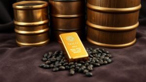 Ouro, petróleo e café em um ambiente luxuoso.