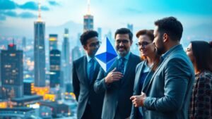 Grupo de bilionários discutindo sobre Ethereum em uma cidade futurista.